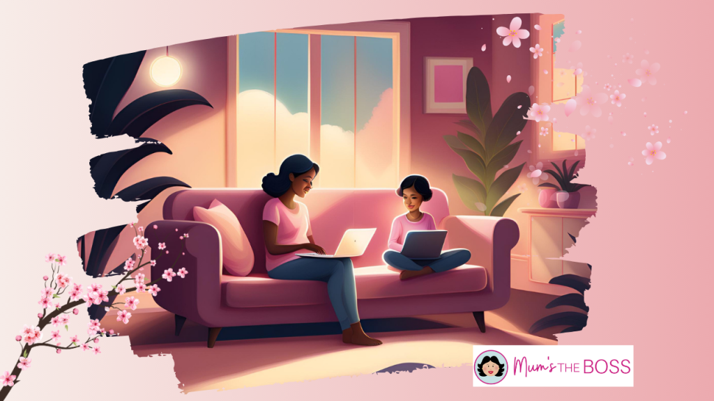 A mum involving her child in blogging activities, showing family-friendly blogging strategies