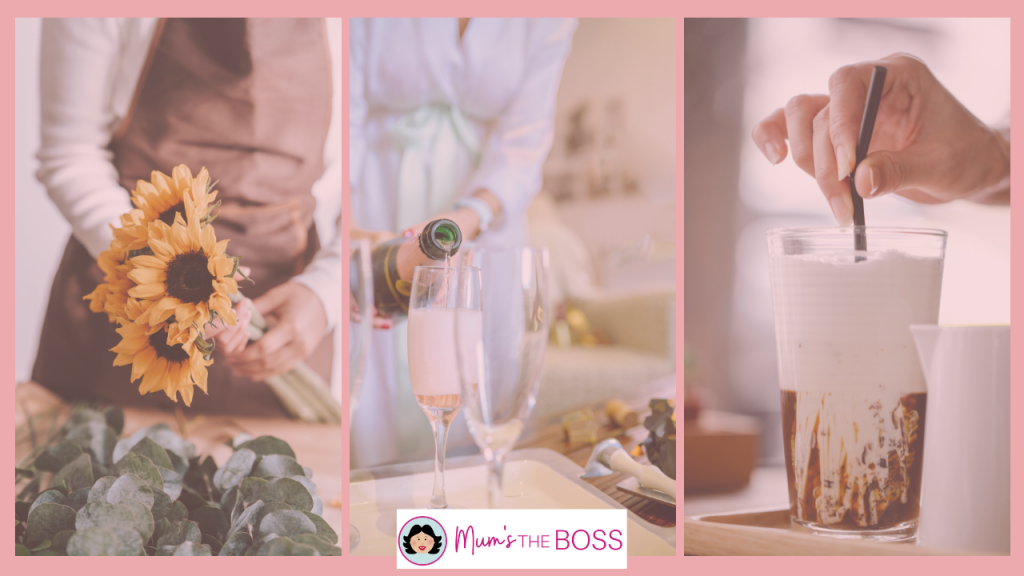 3 Examples of faceless Instagram reels. In one, a woman is arranging sunflowers, in the second she is pouring champgne, in the third she is drinking an iced coffee with a straw